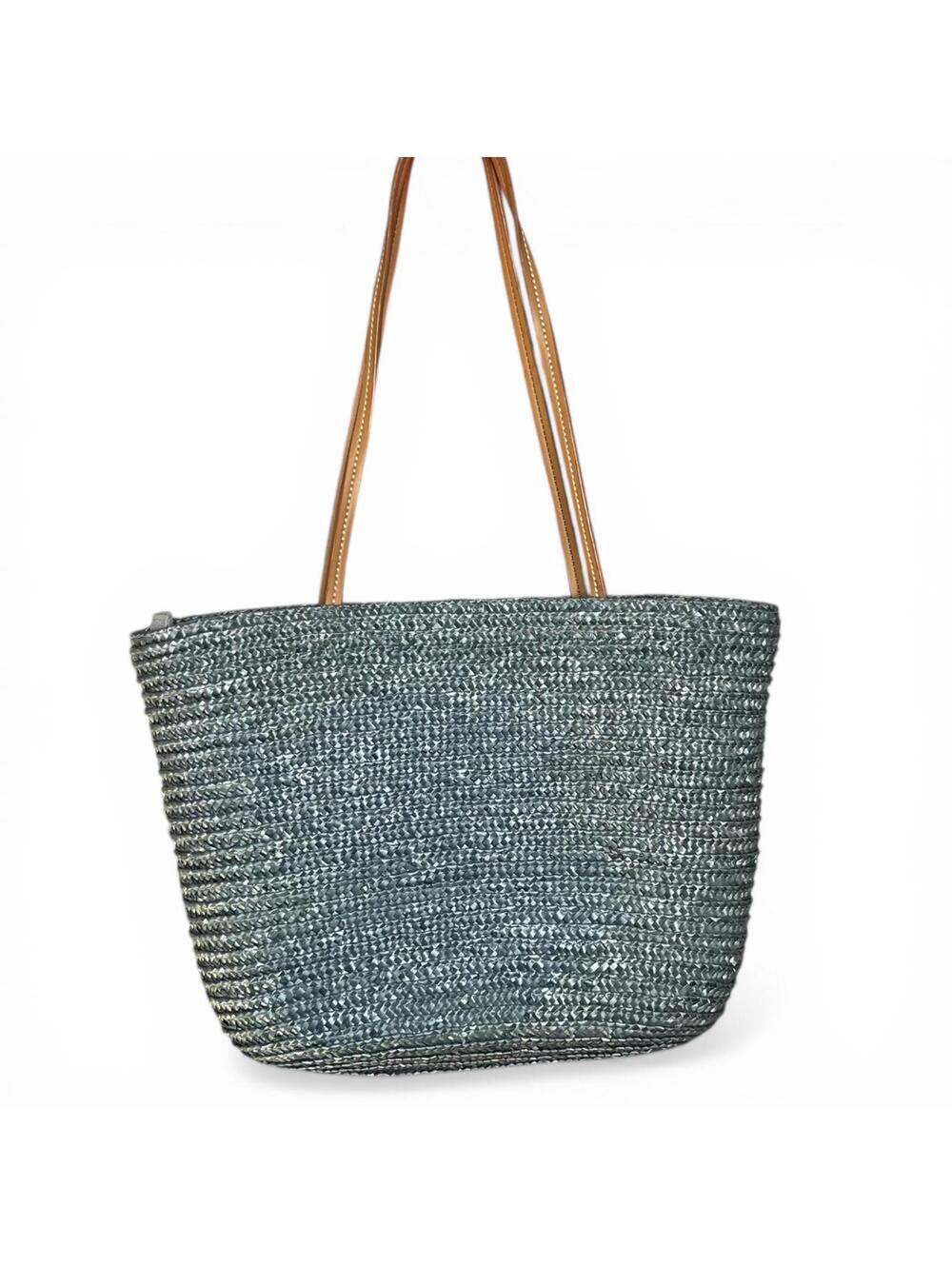 Vintage Sequin and Beaded Fish Design Straw Tote Bag with Leather Handles - Picture 3 of 3